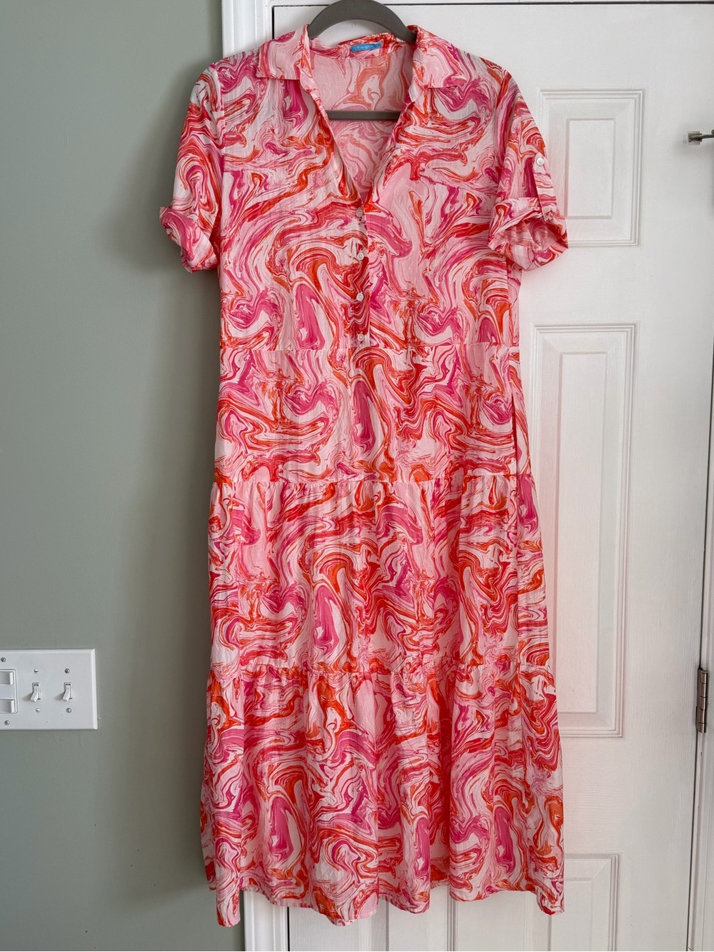 J. McLaughlin Janelle Silk Cotton Swirl Tiered Dress Marble Pink Coral Pockets - Picture 2 of 7